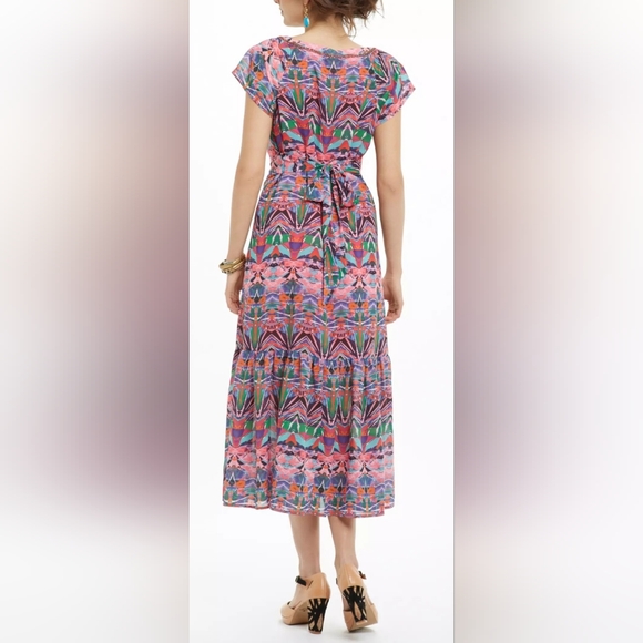 Anthropologie Vanessa Virginia Pink Tiered Boho Beaded Ruffle Mural Maxi Dress 8 - Picture 9 of 9